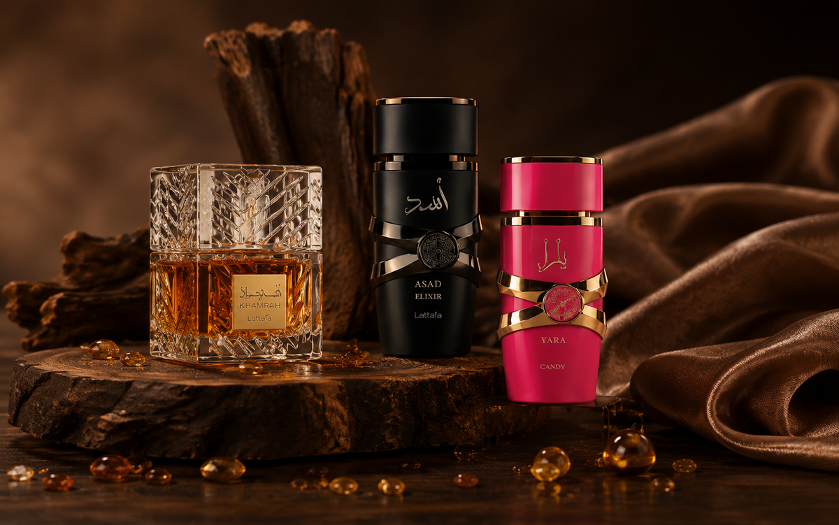 OUDIVORA curated fragrance editorial scene in warm amber tones